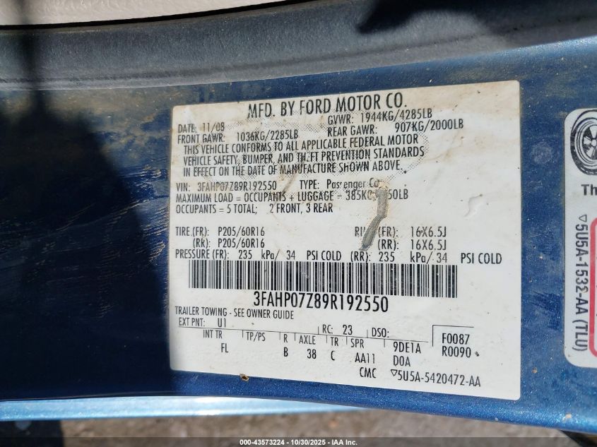 2009 Ford Fusion Se VIN: 3FAHP07Z89R192550 Lot: 43573224