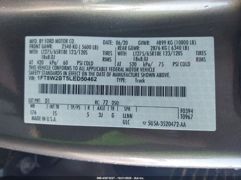 2020 Ford F-250 Xl VIN: 1FT8W2BT5LED50462 Lot: 43573227