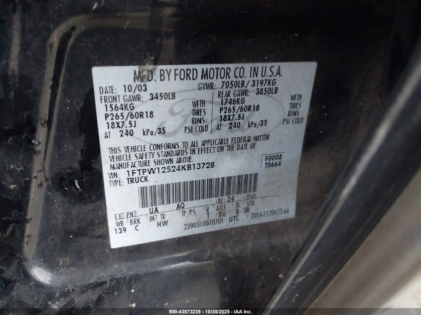 2004 Ford F-150 Lariat/Xlt VIN: 1FTPW12524KB13728 Lot: 43573239