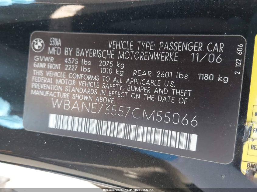 2007 BMW 530I VIN: WBANE73557CM55066 Lot: 43573275