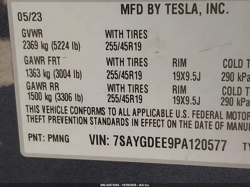2023 Tesla Model Y Awd/Long Range Dual Motor All-Wheel Drive VIN: 7SAYGDEE9PA120577 Lot: 43573284