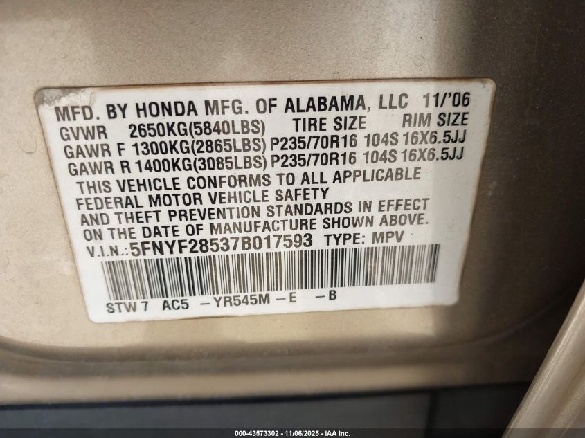 2007 Honda Pilot Ex-L VIN: 5FNYF28537B017593 Lot: 43573302