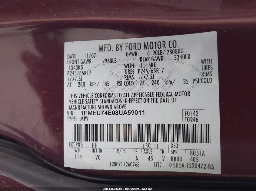 2008 Ford Explorer Eddie Bauer VIN: 1FMEU74E08UA59011 Lot: 43573310