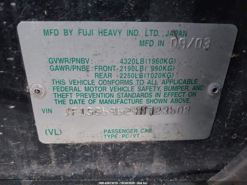 2004 Subaru Forester 2.5Xt VIN: JF1SG69624H728608 Lot: 43573319