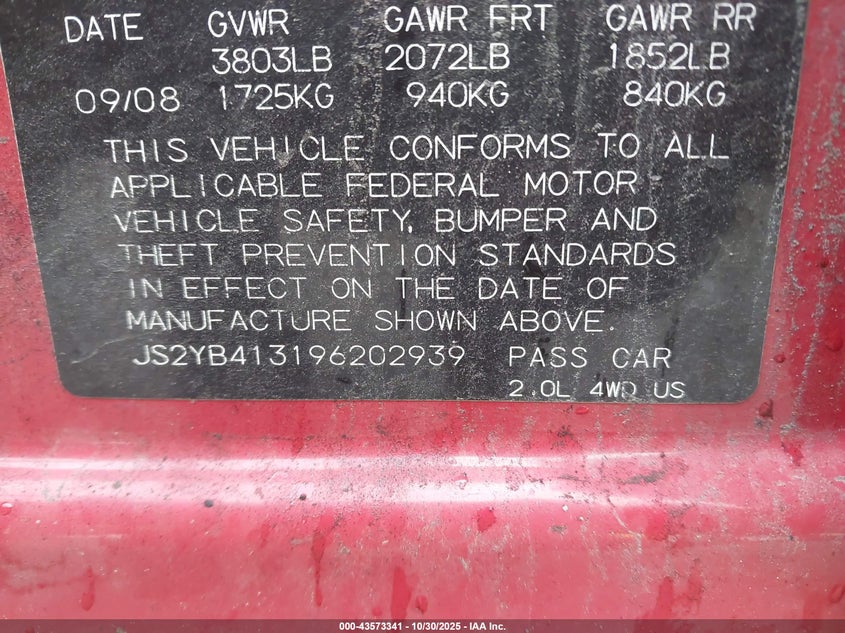 2009 Suzuki Sx4 Technology VIN: JS2YB413196202939 Lot: 43573341