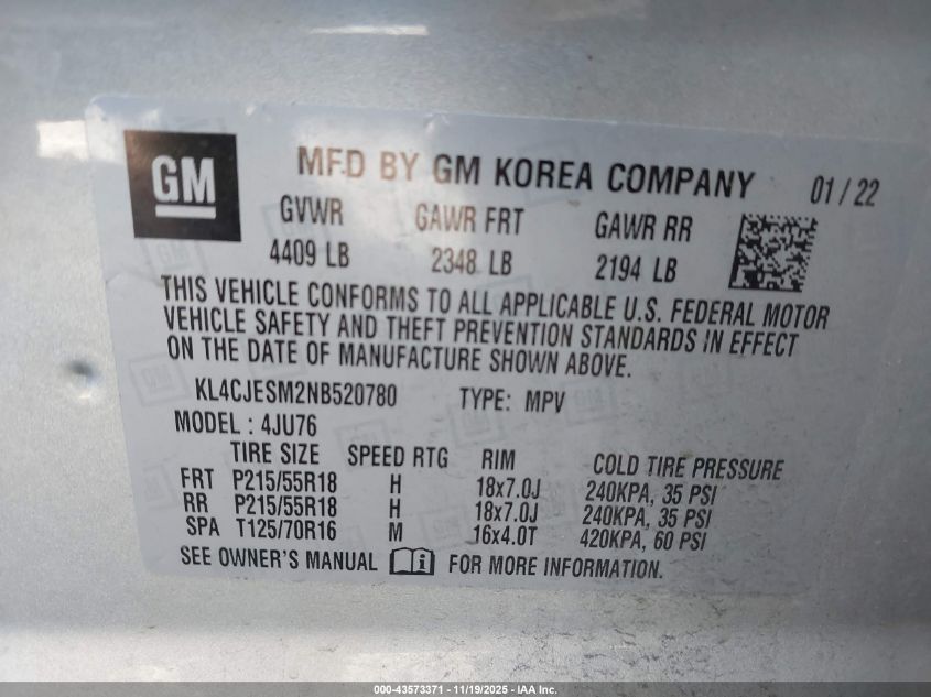 2022 Buick Encore Preferred VIN: KL4CJESM2NB520780 Lot: 43573371