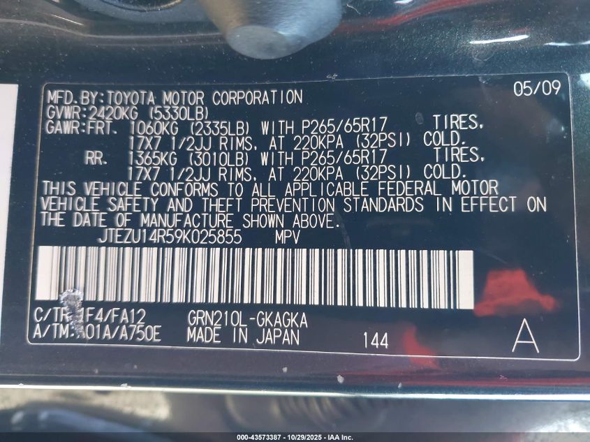 2009 Toyota 4Runner Sport V6/Sr5 V6 VIN: JTEZU14R59K025855 Lot: 43573387