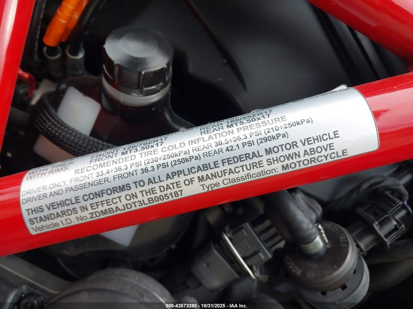 2020 Ducati Hypermotard 950/950 Sp VIN: ZDMBAJDT3LB005187 Lot: 43573390