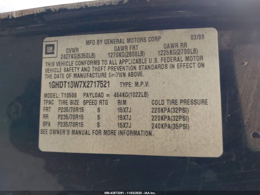 1999 Oldsmobile Bravada VIN: 1GHDT13W7X2717521 Lot: 43573391