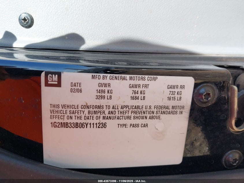 2006 Pontiac Solstice VIN: 1G2MB33B06Y111236 Lot: 43573396