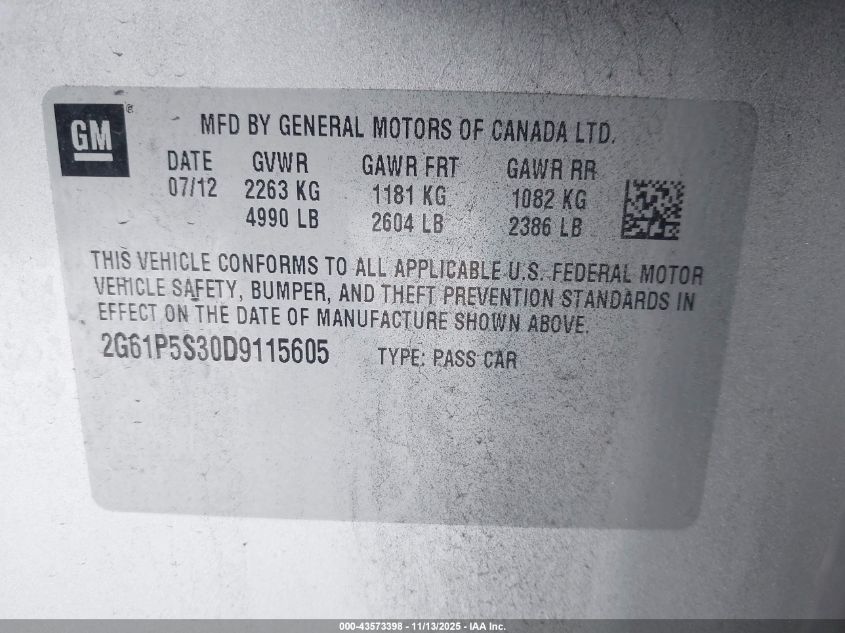 2013 Cadillac Xts Luxury VIN: 2G61P5S30D9115605 Lot: 43573398