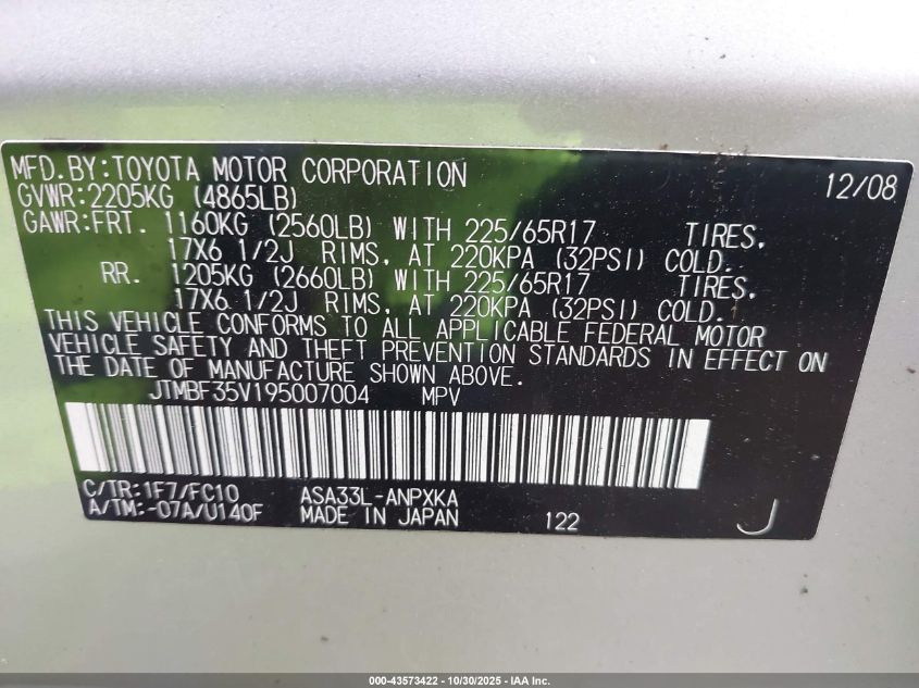 2009 Toyota Rav4 VIN: JTMBF35V195007004 Lot: 43573422