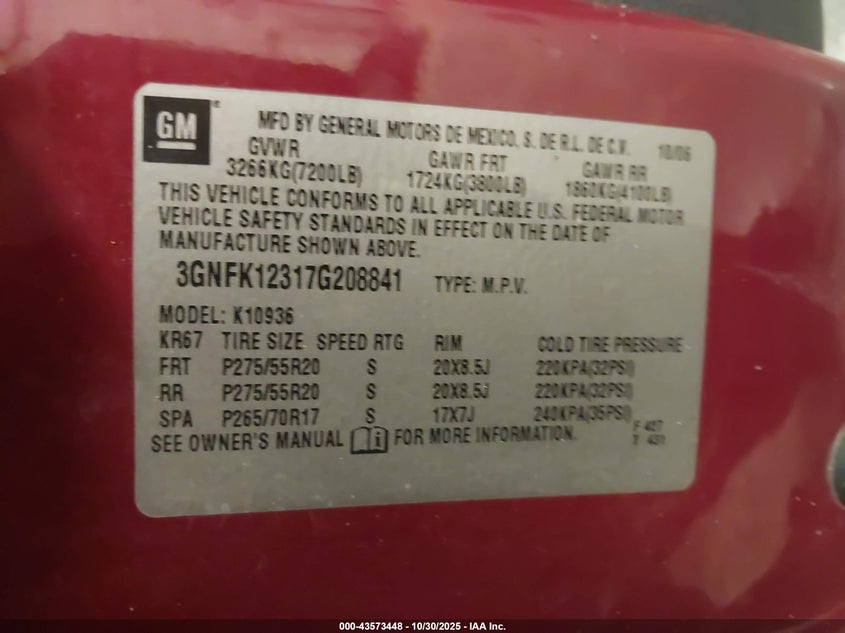 2007 Chevrolet Avalanche 1500 Ltz VIN: 3GNFK12317G208841 Lot: 43573448
