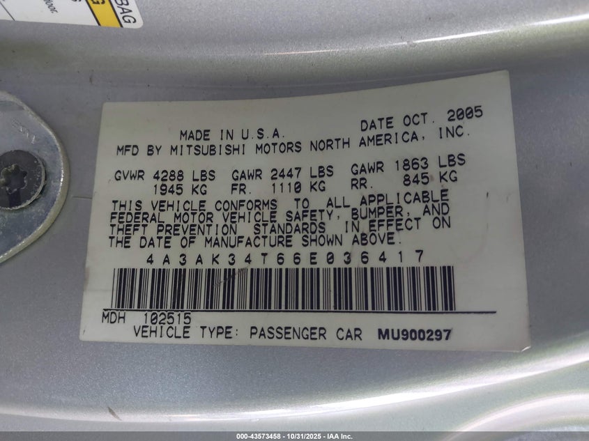 2006 Mitsubishi Eclipse Gt VIN: 4A3AK34T66E036417 Lot: 43573458