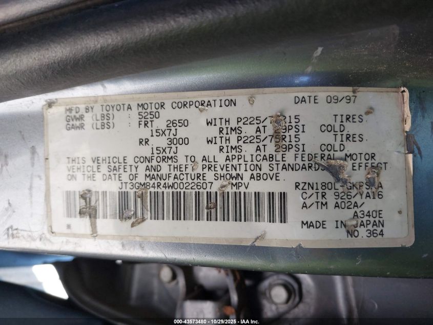 1998 Toyota 4Runner VIN: JT3GM84R4W0022607 Lot: 43573480