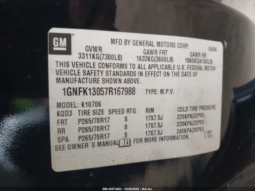 2007 Chevrolet Tahoe Lt VIN: 1GNFK13057R167988 Lot: 43573483