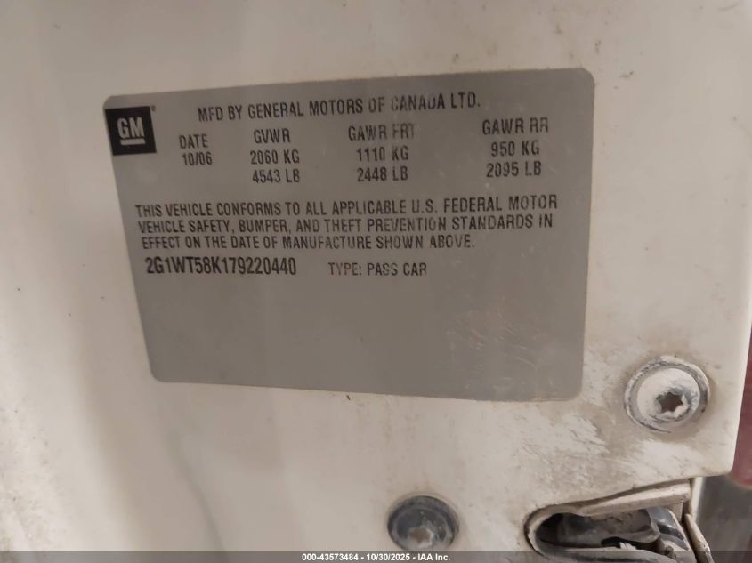 2007 Chevrolet Impala Lt VIN: 2G1WT58K179220440 Lot: 43573484