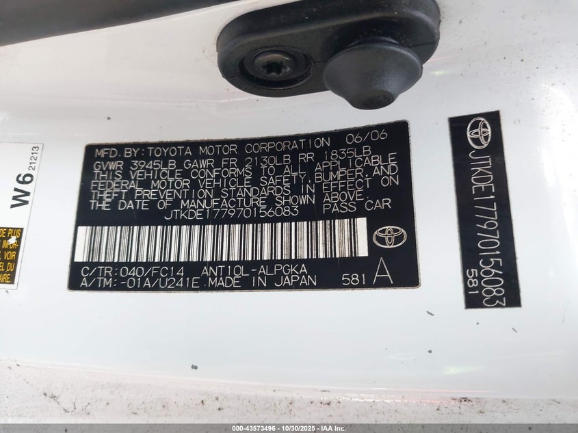 2007 Scion Tc VIN: JTKDE177970156083 Lot: 43573496