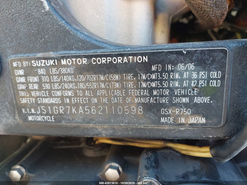 2006 Suzuki Gsx-R750 K6 VIN: JS1GR7KA562110598 Lot: 43573510