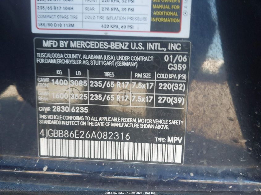 2006 Mercedes-Benz Ml 350 4Matic VIN: 4JGBB86E26A082316 Lot: 43573552
