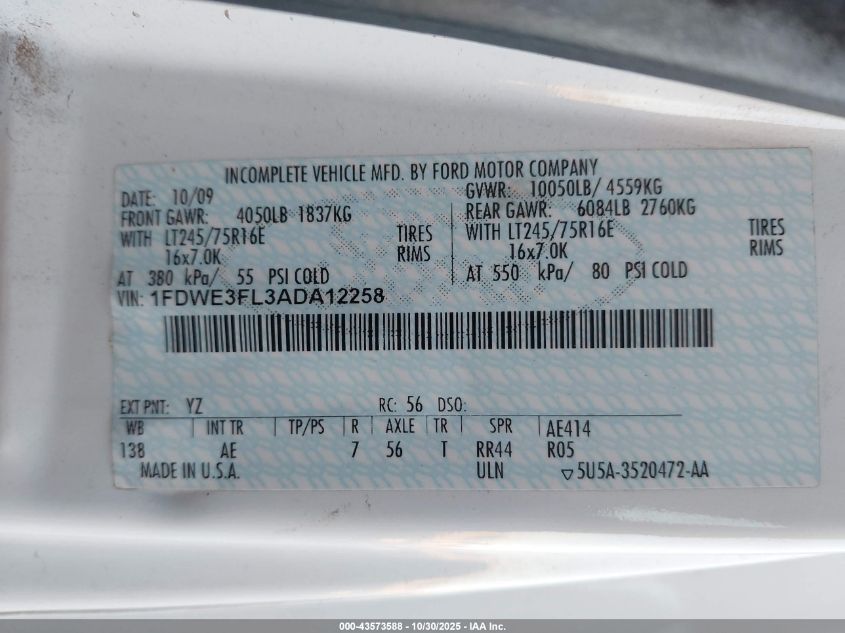 2010 Ford E-350 Cutaway VIN: 1FDWE3FL3ADA12258 Lot: 43573588