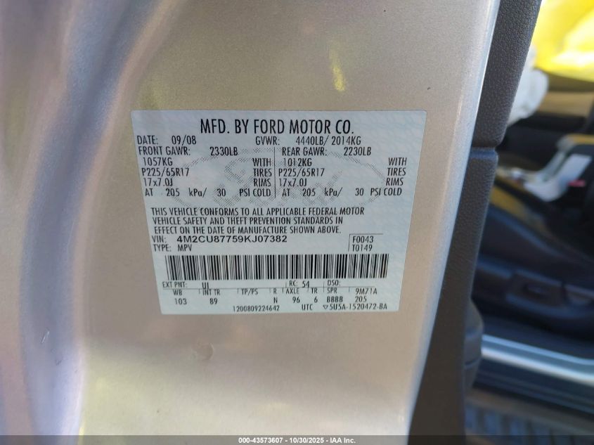 2009 Mercury Mariner Premier VIN: 4M2CU87759KJ07382 Lot: 43573607