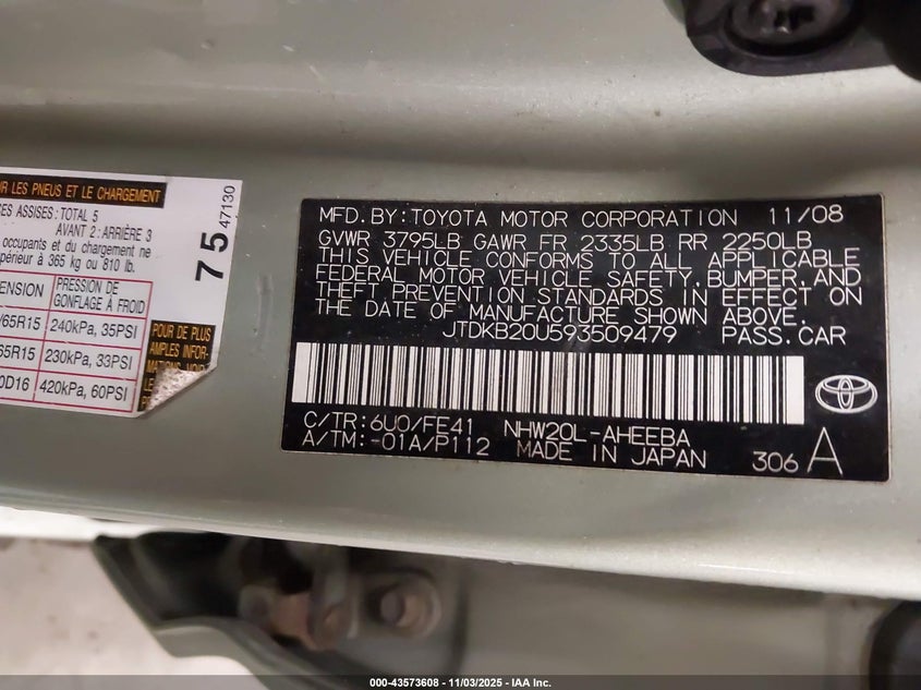 JTDKB20U593509479 2009 TOYOTA PRIUS photo no. 9