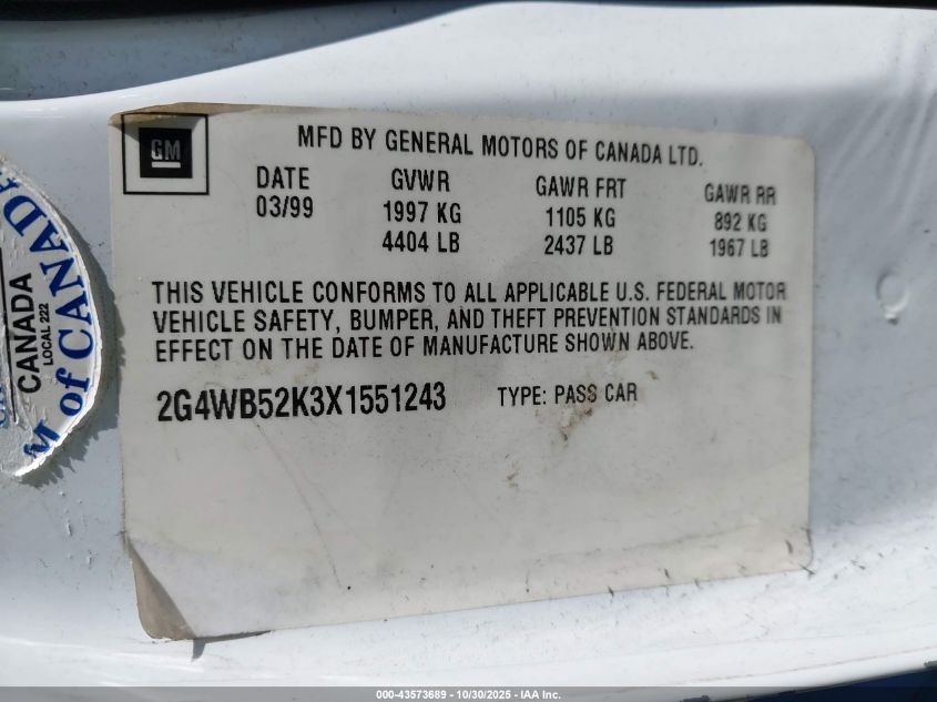 1999 Buick Regal Ls VIN: 2G4WB52K3X1551243 Lot: 43573689