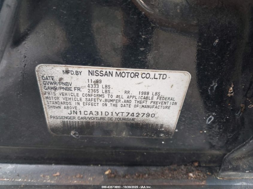 2000 Nissan Maxima Gle/Gxe/Se VIN: JN1CA31D1YT742790 Lot: 43573693