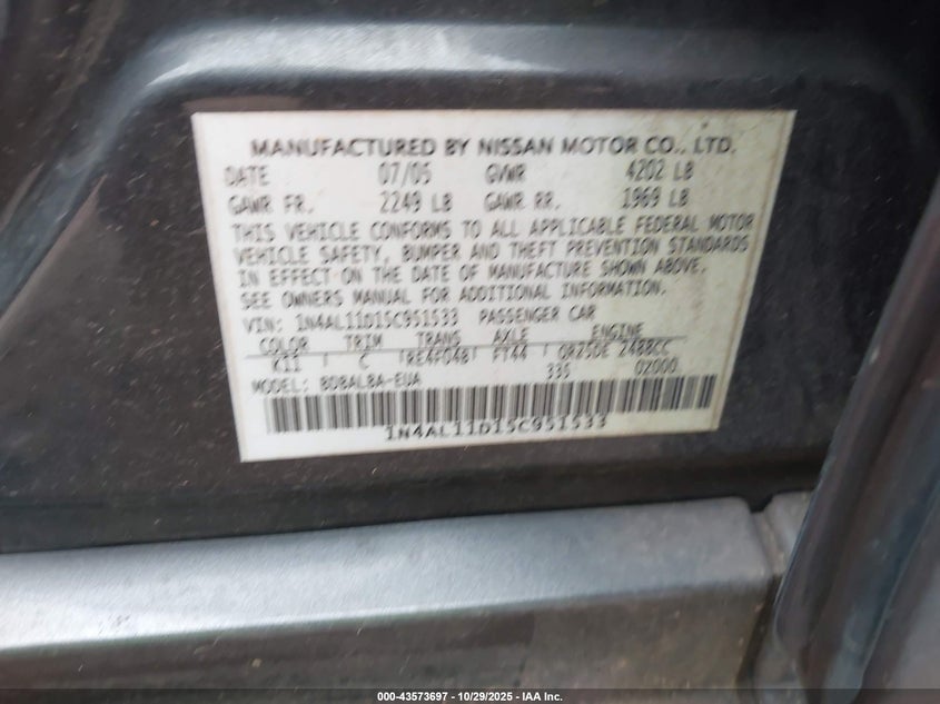 2005 Nissan Altima 2.5 S VIN: 1N4AL11D15C951533 Lot: 43573697