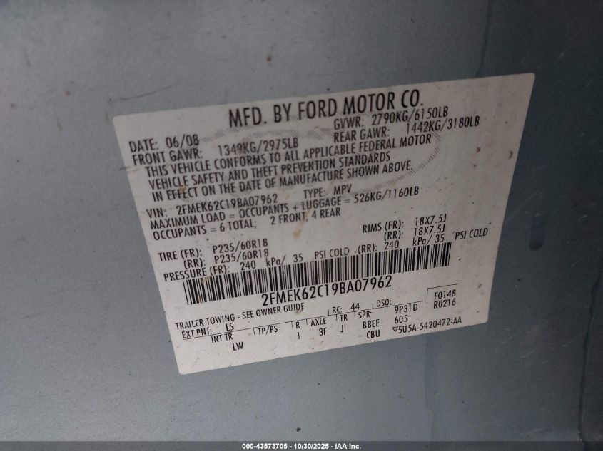 2009 Ford Flex Sel VIN: 2FMEK62C19BA07962 Lot: 43573705