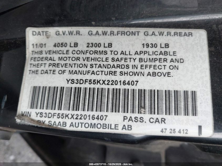 2002 Saab 9-3 Se VIN: YS3DF55KX22016407 Lot: 43573715