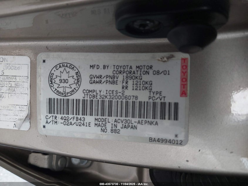 JTDBE32K320006078 2002 TOYOTA CAMRY photo no. 9