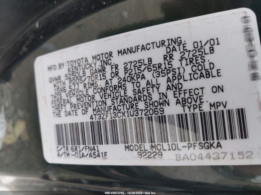 2001 Toyota Sienna Le VIN: 4T3ZF13CX1U372069 Lot: 43573762