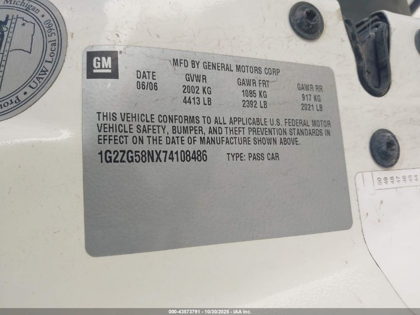 2007 Pontiac G6 VIN: 1G2ZG58NX74108486 Lot: 43573791