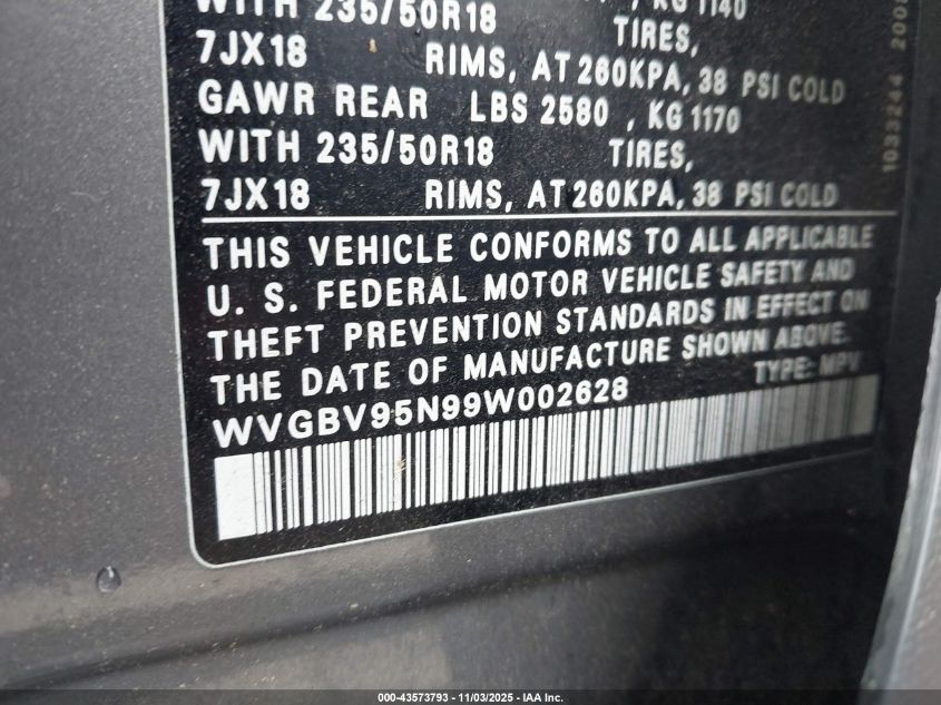 2009 Volkswagen Tiguan Se/Sel VIN: WVGBV95N99W002628 Lot: 43573793