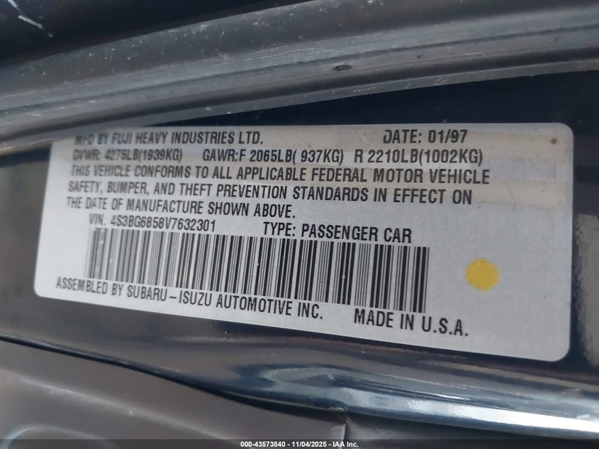 1997 Subaru Legacy Outback/Outback Limited VIN: 4S3BG6858V7632301 Lot: 43573840