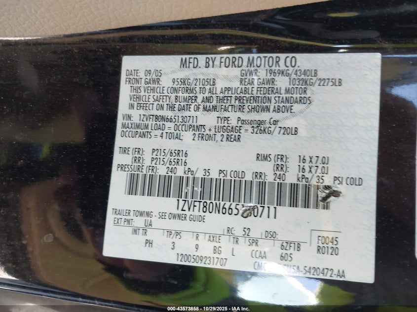 2006 Ford Mustang V6 VIN: 1ZVFT80N665130711 Lot: 43573858