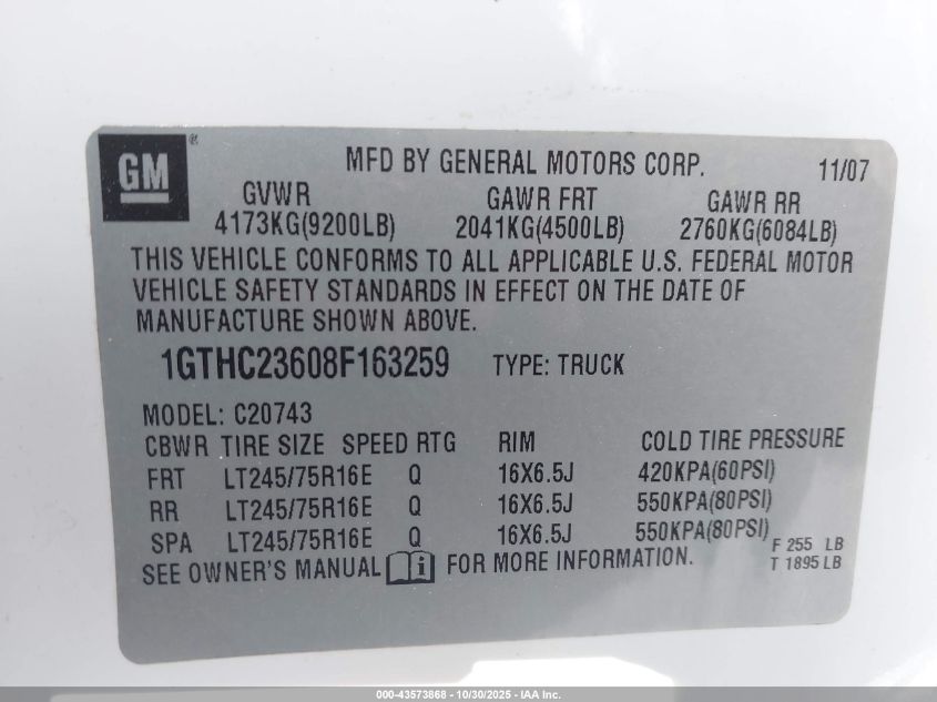 2008 GMC Sierra 2500Hd Sle2 VIN: 1GTHC23608F163259 Lot: 43573868