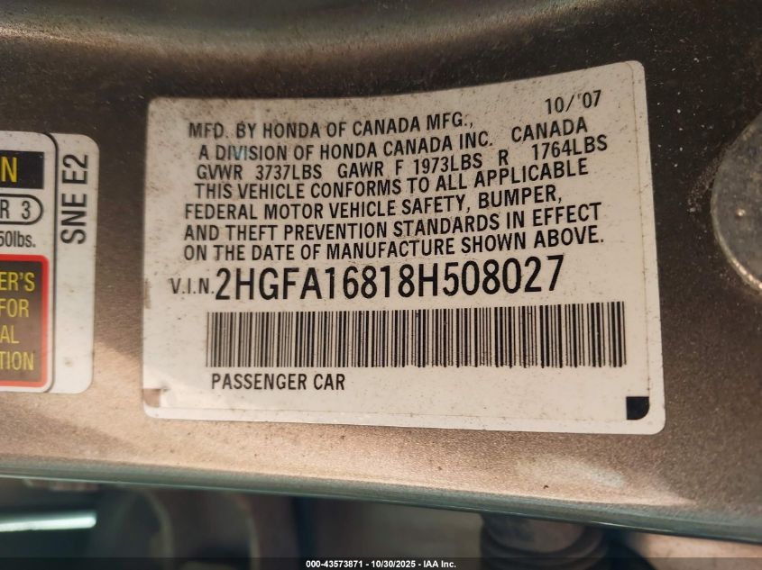 2008 Honda Civic Ex VIN: 2HGFA16818H508027 Lot: 43573871