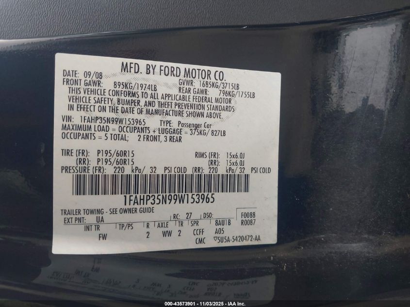 2009 Ford Focus Se VIN: 1FAHP35N99W153965 Lot: 43573901