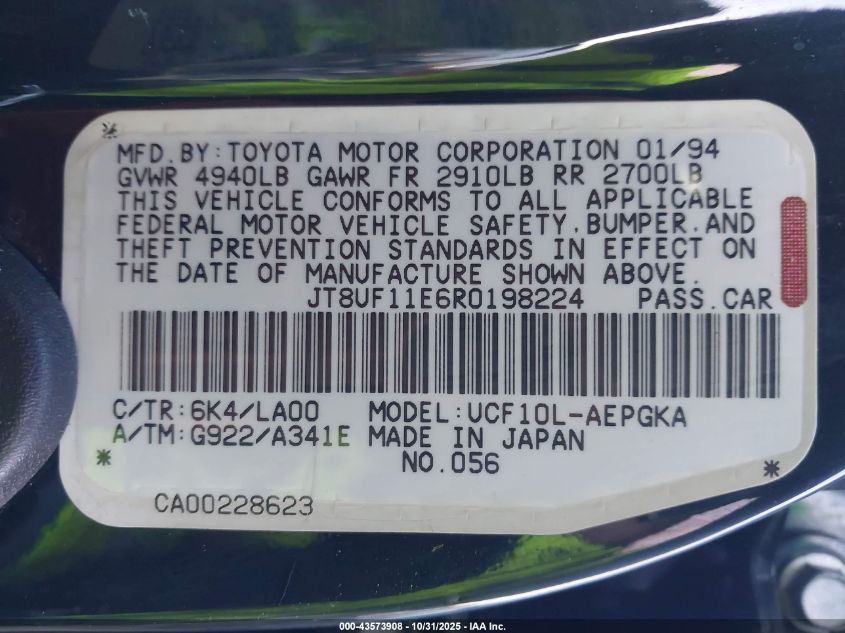 1994 Lexus Ls 400 VIN: JT8UF11E6R0198224 Lot: 43573908