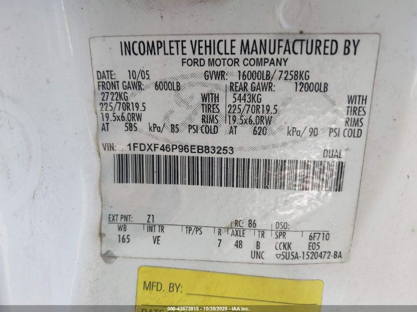 2006 Ford F-450 Chassis Xl/Xlt VIN: 1FDXF46P96EB83253 Lot: 43573915