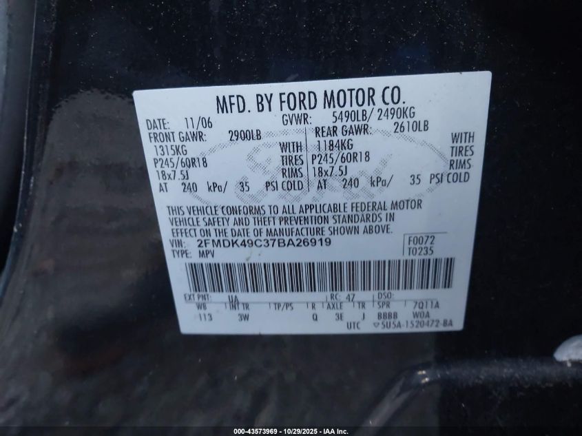2007 Ford Edge Sel Plus VIN: 2FMDK49C37BA26919 Lot: 43573969