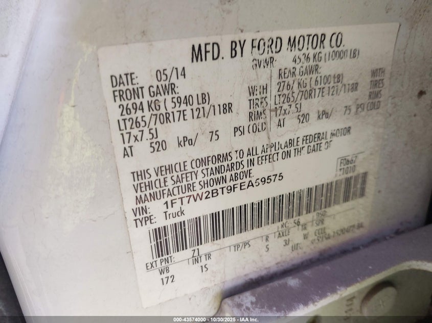 2015 Ford F-250 Xl VIN: 1FT7W2BT9FEA59575 Lot: 43574000