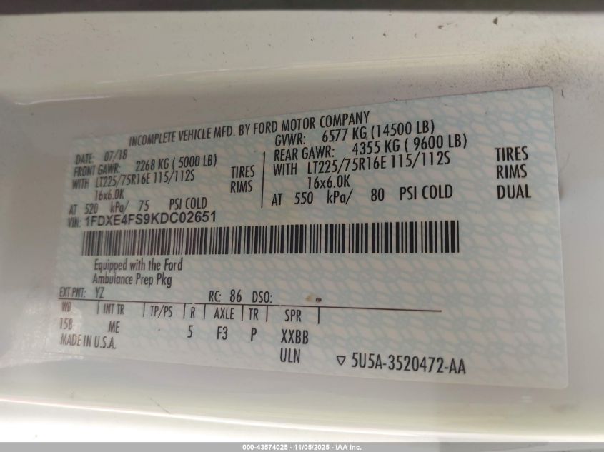 2019 Ford Econoline VIN: 1FDXE4FS9KDC02651 Lot: 43574025