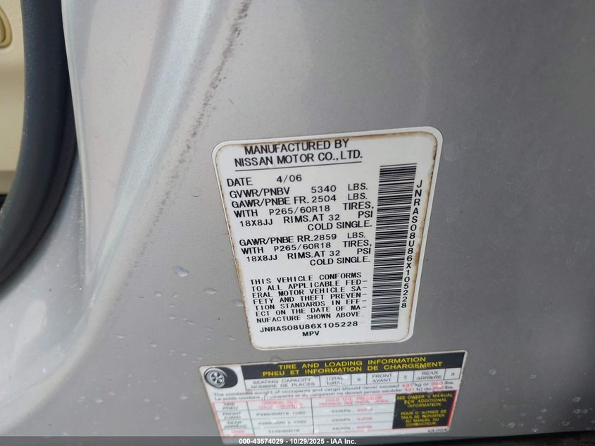 2006 Infiniti Fx35 VIN: JNRAS08U86X105228 Lot: 43574029