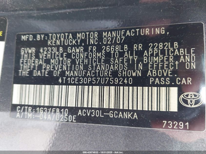 2007 Toyota Camry Solara Se VIN: 4T1CE30P57U759240 Lot: 43574032