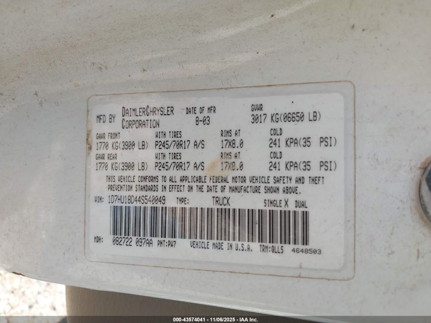 2004 Dodge Ram 1500 Slt/Laramie VIN: 1D7HU18D44S540049 Lot: 43574041