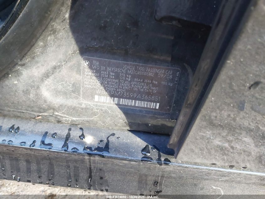 2009 BMW 335I VIN: WBAPM73599A365851 Lot: 43574050